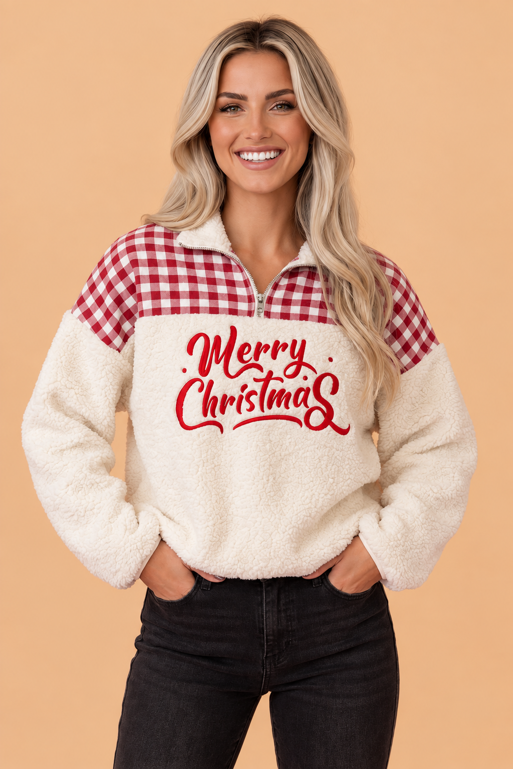 Merry Christmas Gingham Patchwork Fleece Sweatshirt