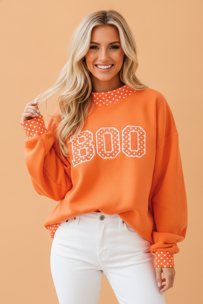 Halloween Boo Polka Dot Patch Mock Neck Sweatshirt