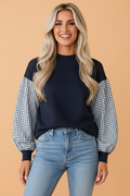 Gingham Colorblock Mock Neck Long Sleeve Sweatshirt