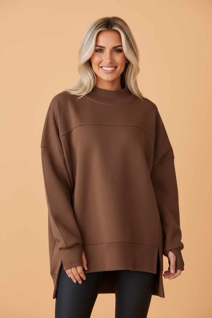 Solid Mock Neck Split Hem Oversized Sweatshirt