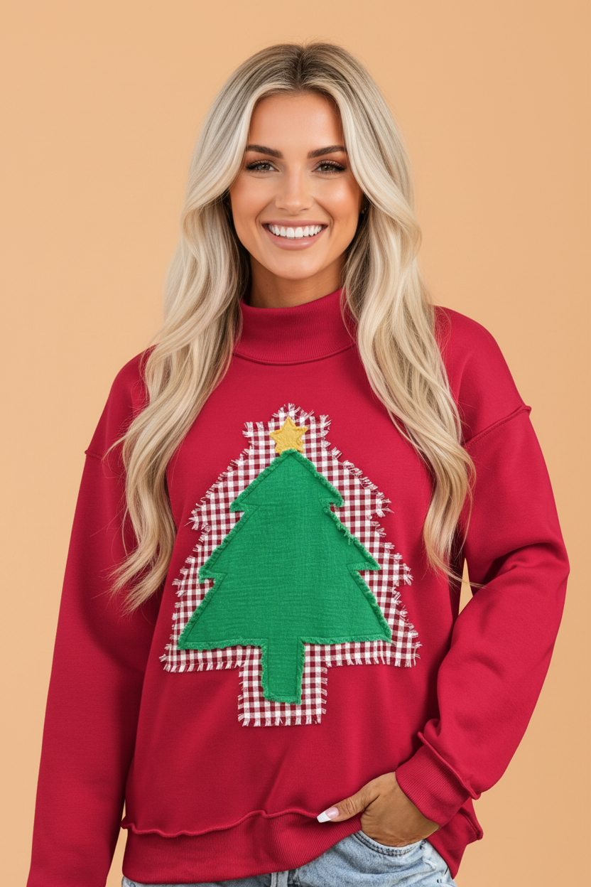 Christmas Tree Gingham Patchwork Mock Neck Sweatshirt