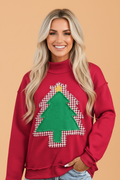 Christmas Tree Gingham Patchwork Mock Neck Sweatshirt