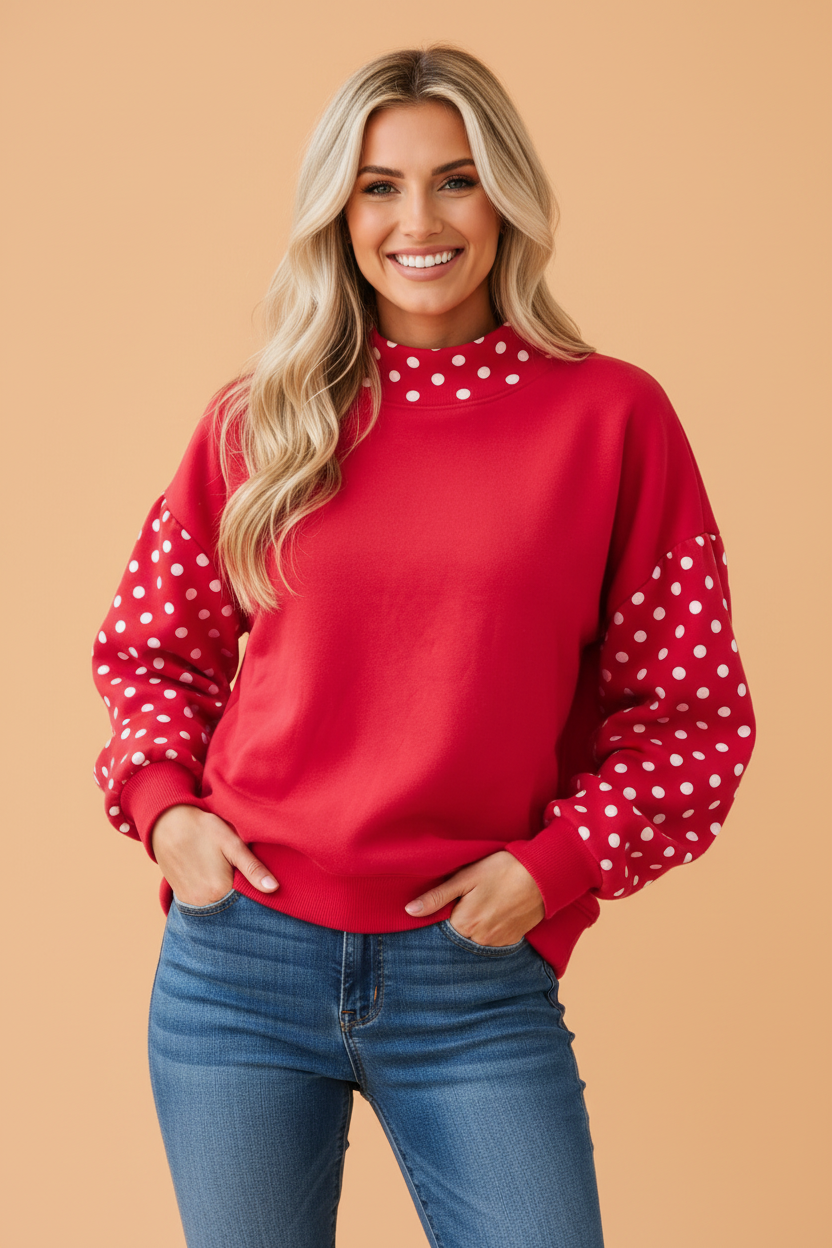 Polka Dot Patchwork Mock Neck Baggy Sweatshirt