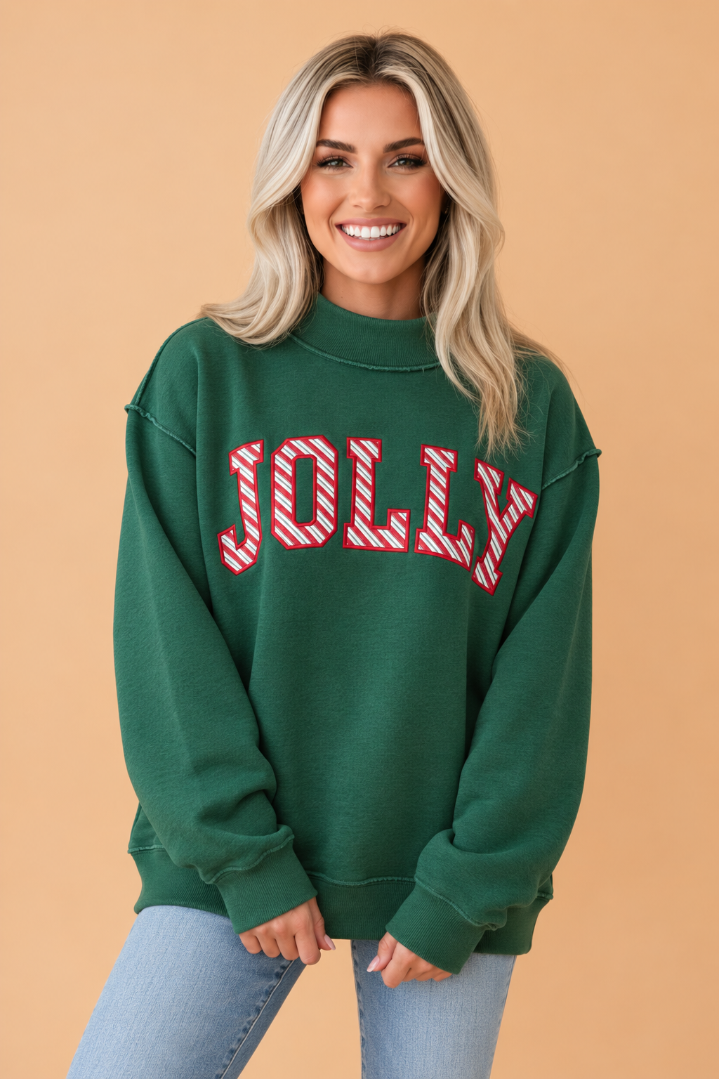 Christmas MERRY/JOLLY Embroidered Mock Neck Sweatshirt