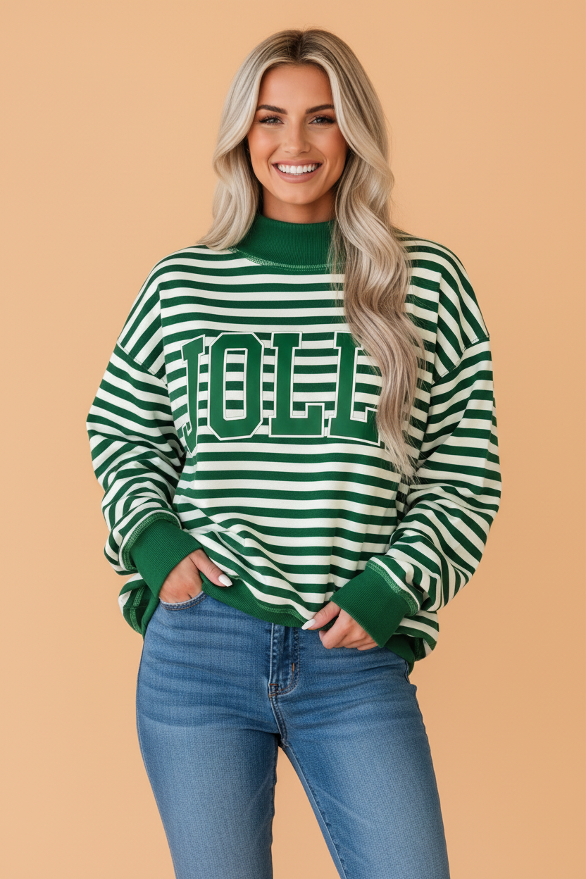 Christmas Letter Print Stripe Mock Neck Sweatshirt