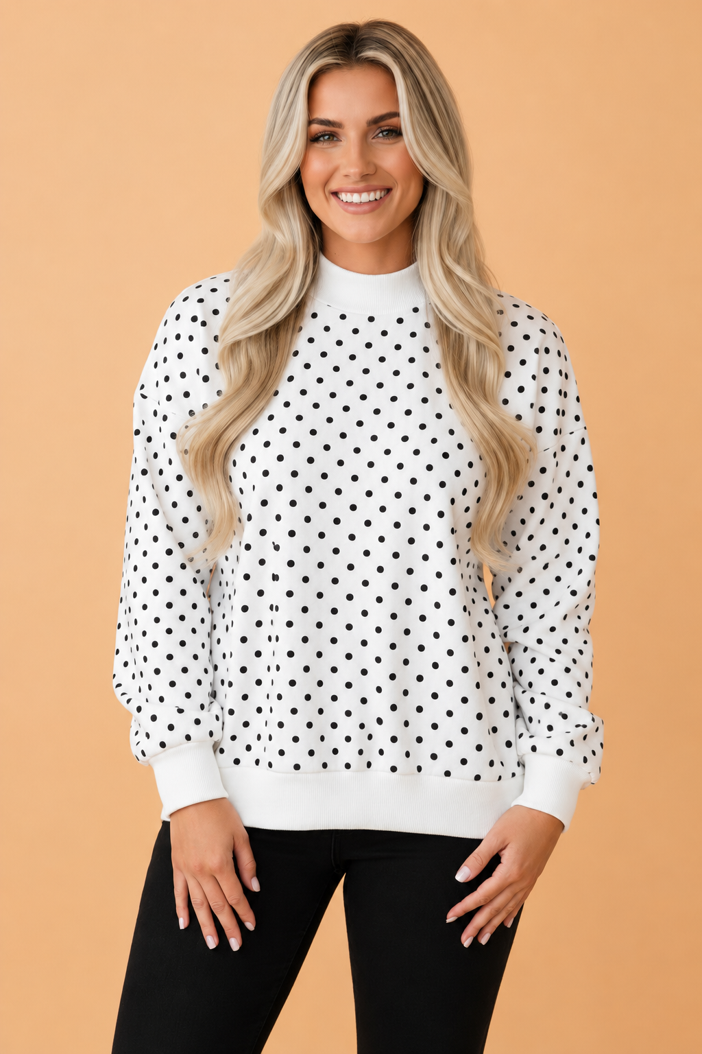 Polka Dot Mock Neck Drop Shoulder Sweatshirt