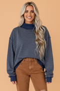 Stripe Ribbed Mock Neck Oversized Sweatshirt