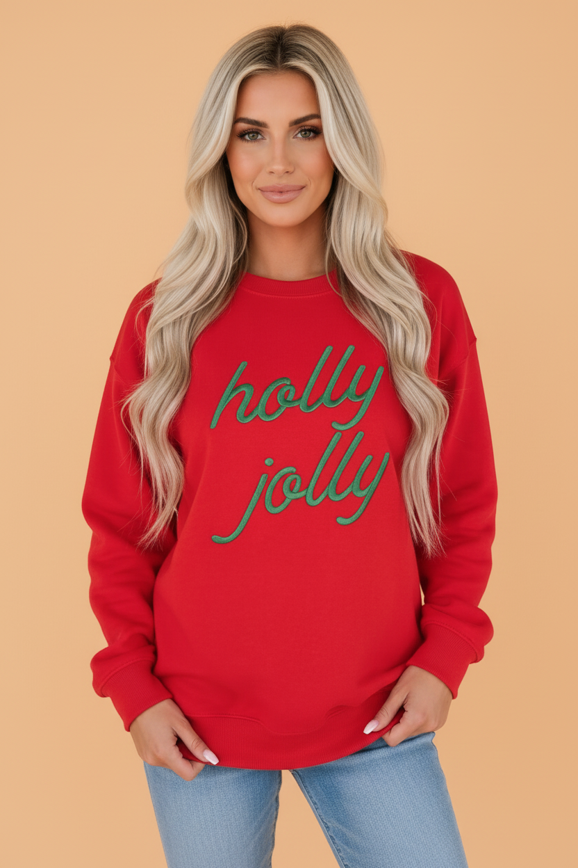 Christmas Holly Jolly Embroidered Letter Sweatshirt
