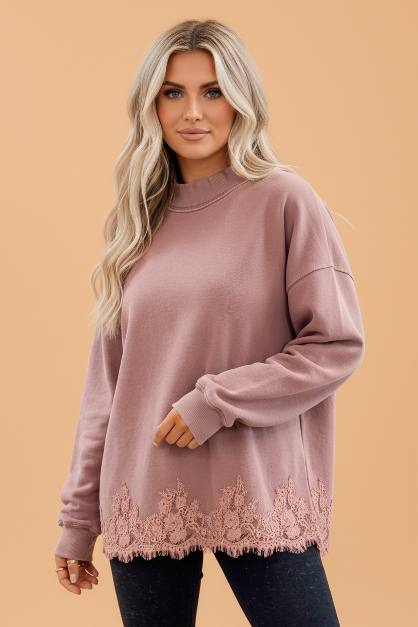 Solid Lace Hem Mock Neck Sweatshirt