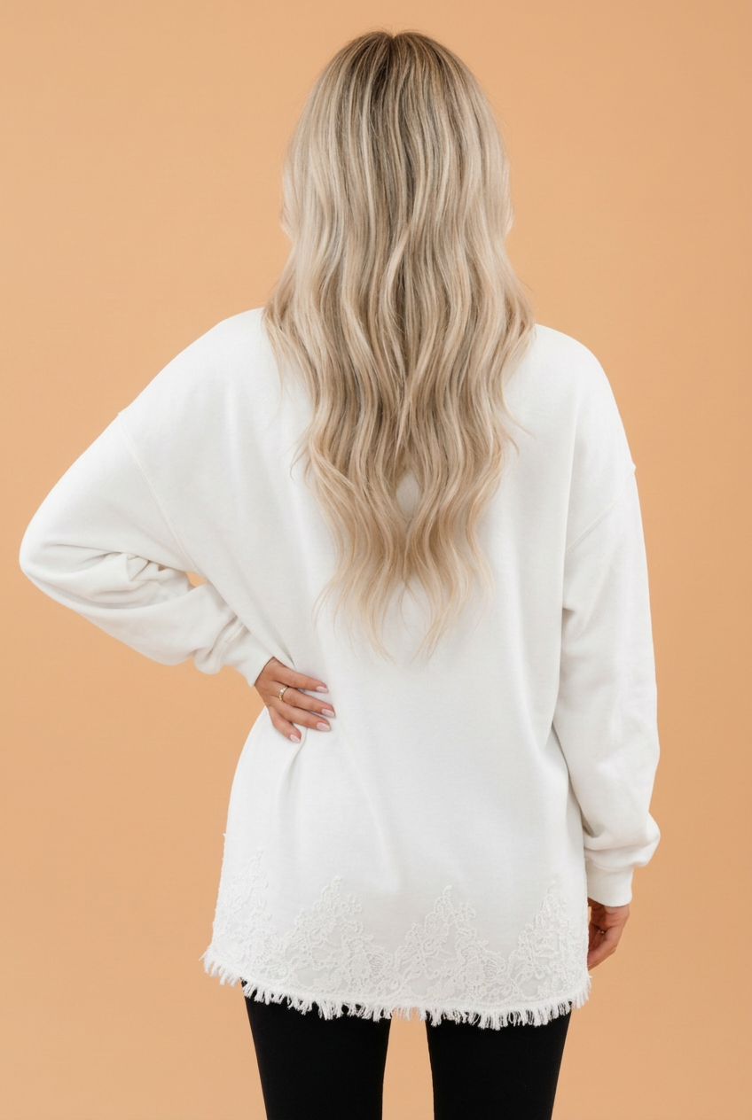 Solid Lace Hem Mock Neck Sweatshirt