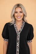 V-Neck Puff Sleeve Button Down Shirt | Contrast Stripe