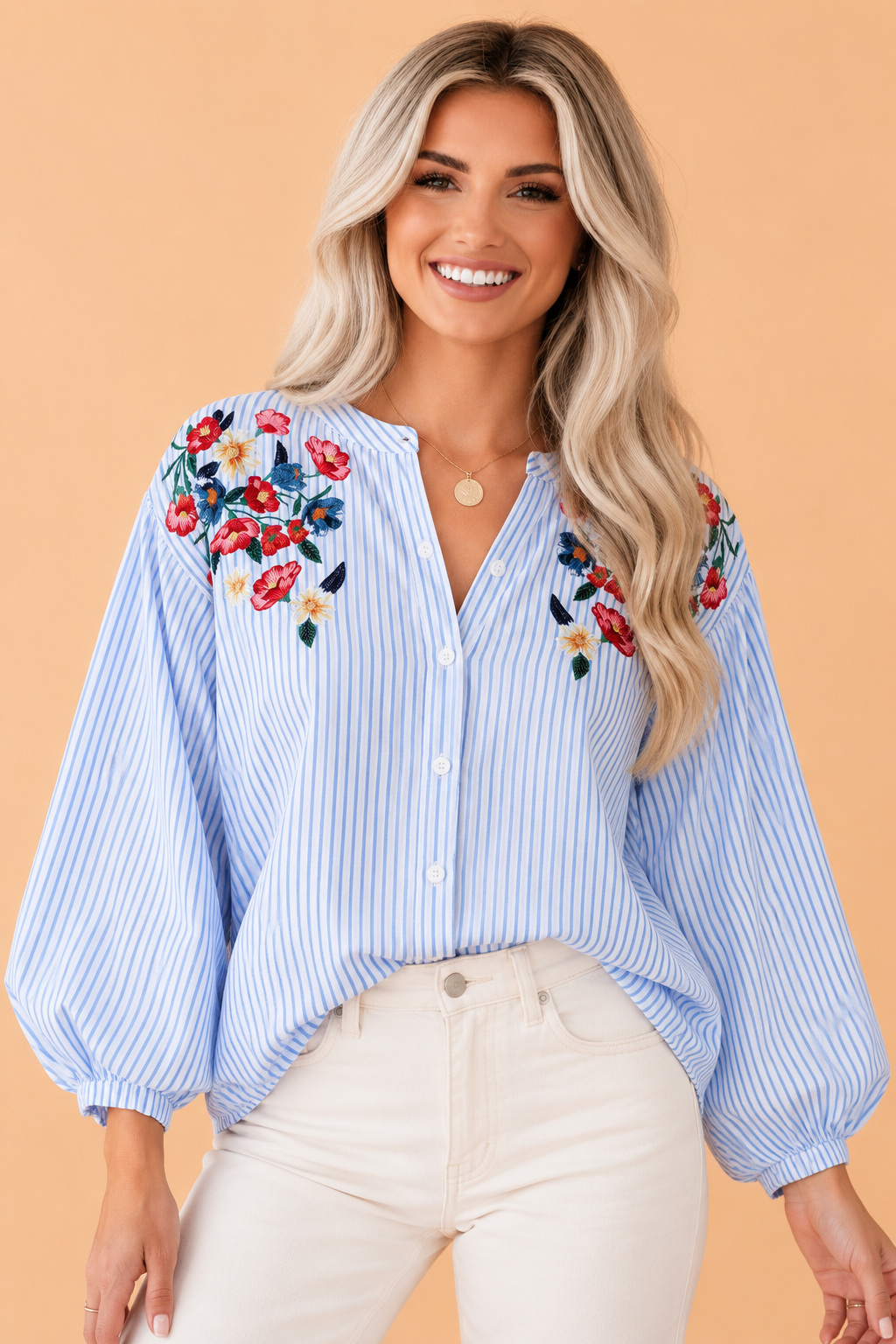 Floral Embroidered Stripe Billowy Sleeve Tunic Shirt