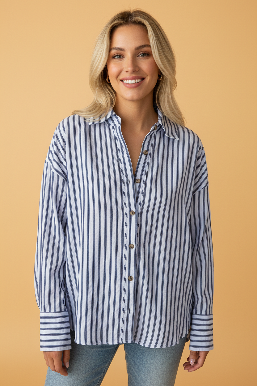 Striped Button Down Long Sleeve Oversized Shirt | Casual Collared Blouse