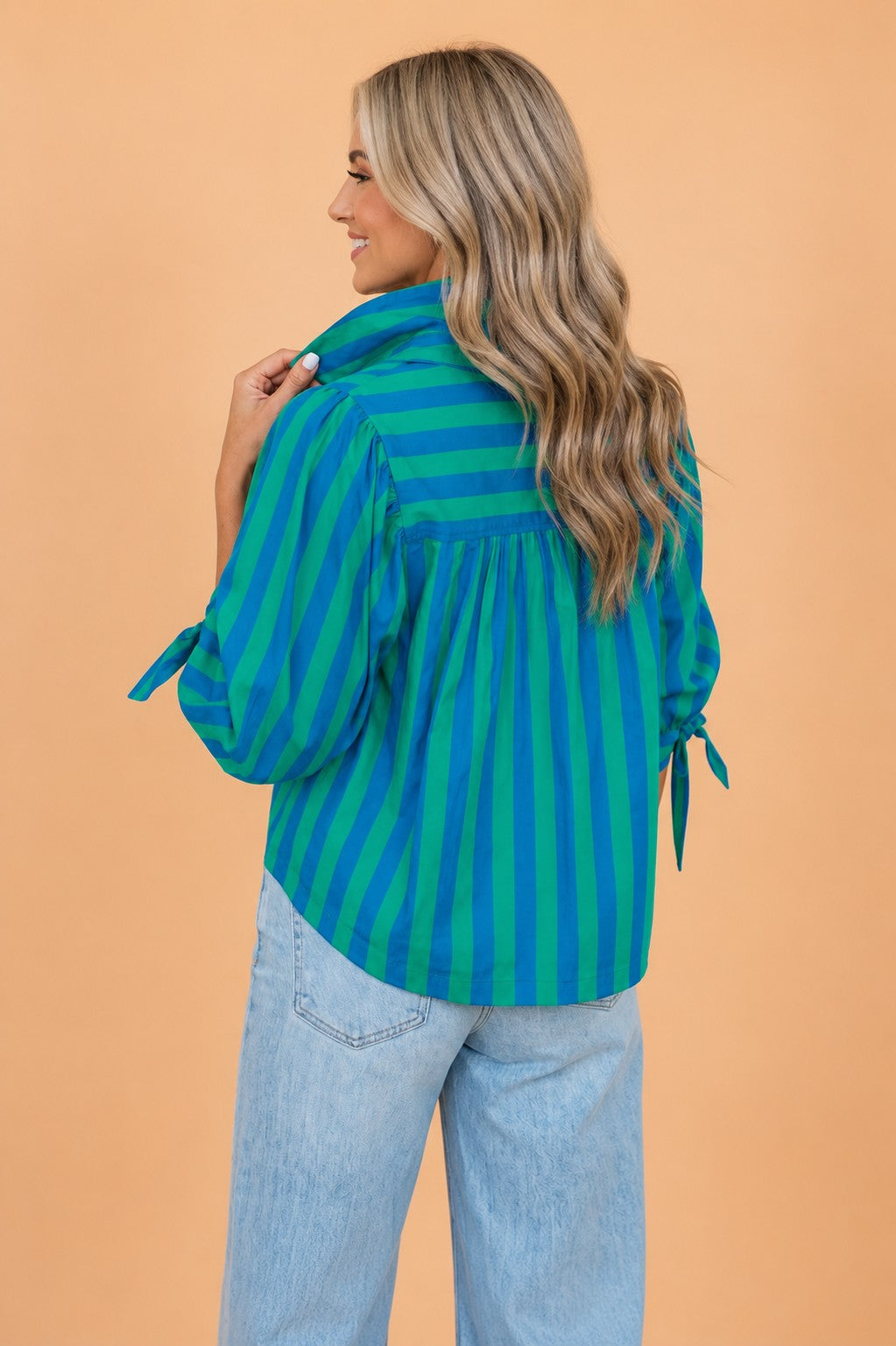 Striped Puff Sleeve Button Down Shirt in Blue and Green