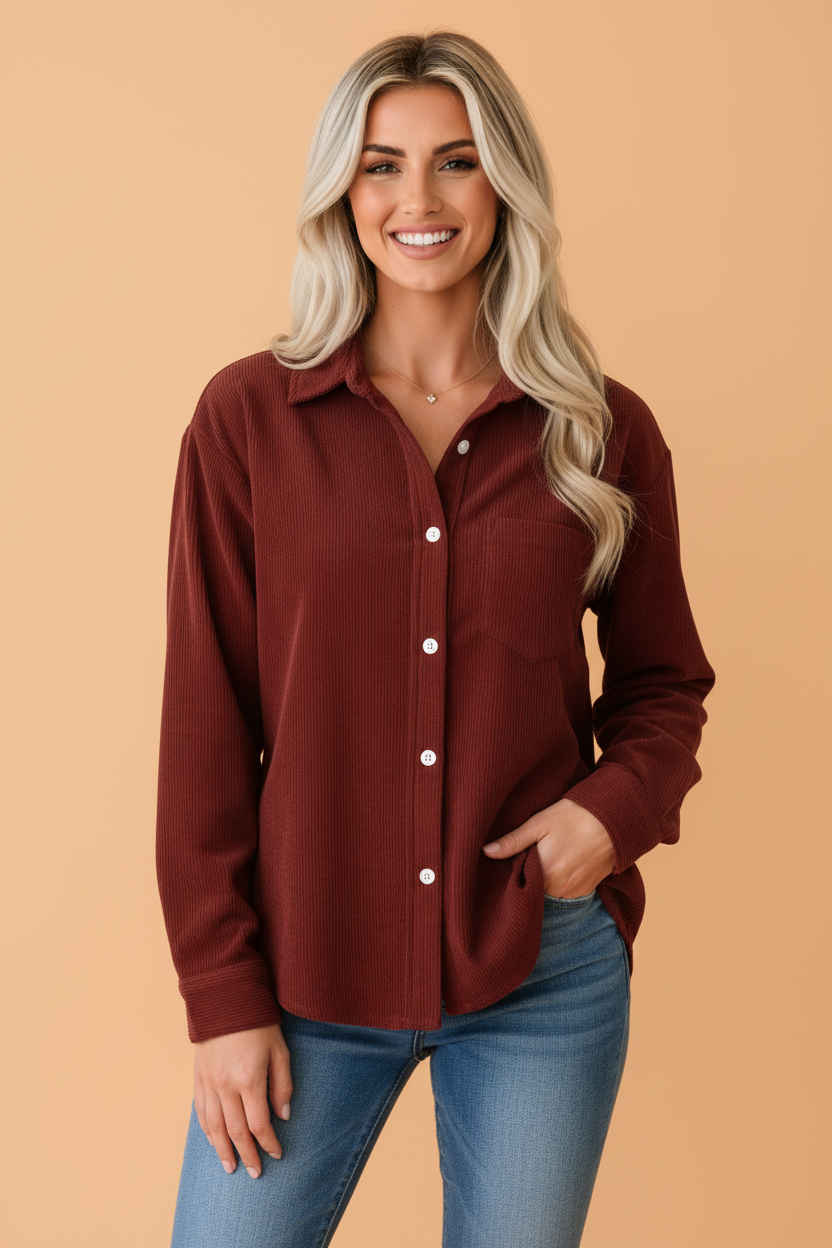 Solid Corduroy Long Sleeve Buttoned Shirt