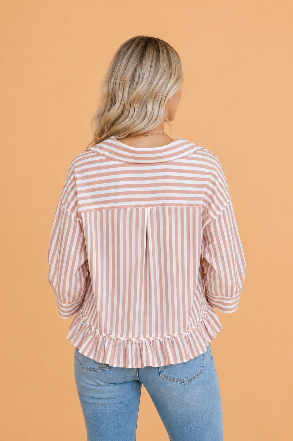 Stripe Ruffle Hem 3/4 Sleeve Button-Down Shirt in Blush Pink
