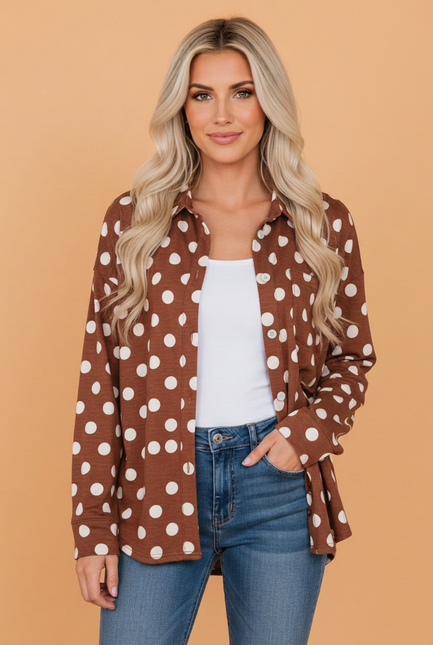 Polka Dot Long Sleeve Collared Tunic Shirt