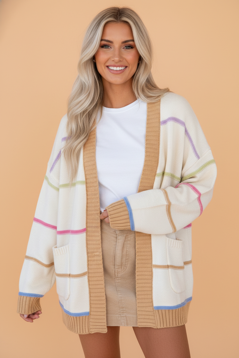 Stripe Colorblock Open Front Pocket Cardigan