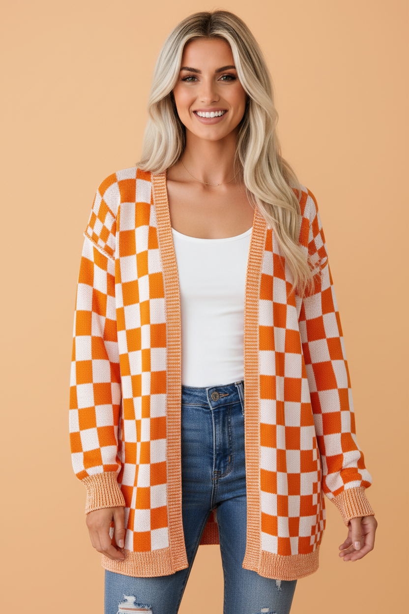Checker Open Front Drop Shoulder Cardigan