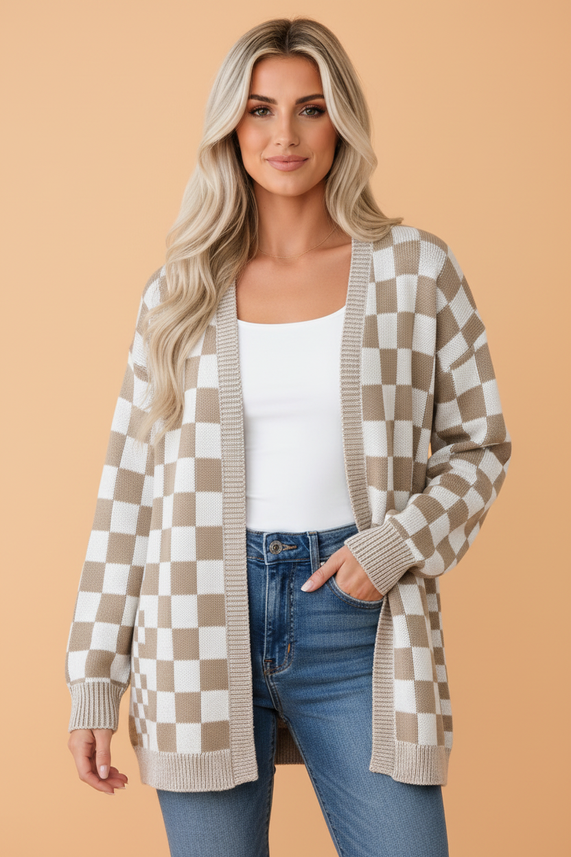 Checker Open Front Drop Shoulder Cardigan