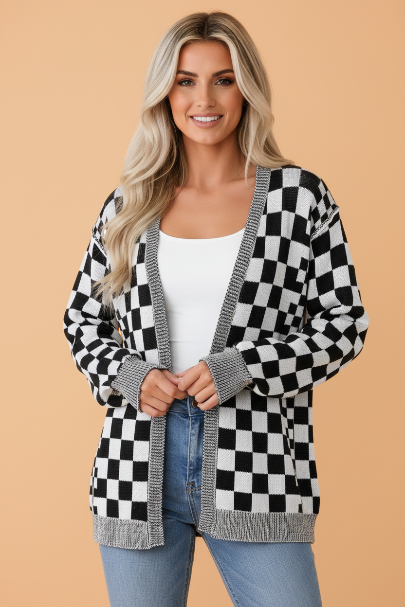 Checker Open Front Drop Shoulder Cardigan