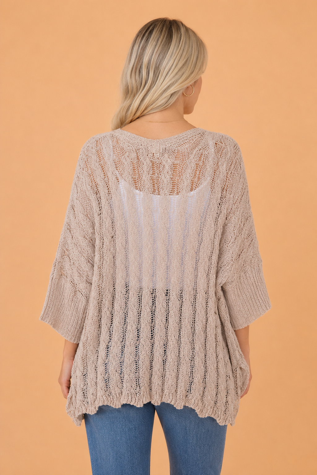 Solid Hollowed Knit Drop Shoulder Open Cardigan in Beige or Tan