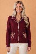 Bow Patch Pocket Collared Button Front Cardigan