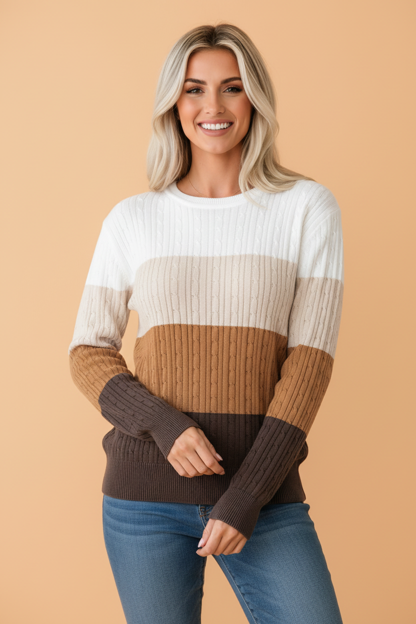 Colorblock Cable Knit Round Neck Sweater