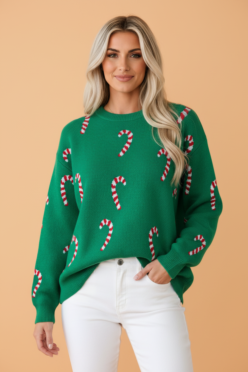 Christmas Candy Cane Drop Shoulder Sweater