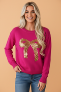 Christmas Sequin Bow Ribbed Trim Sweater