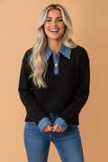 Denim Patchwork Collar Cuffed Long Sleeve Sweater