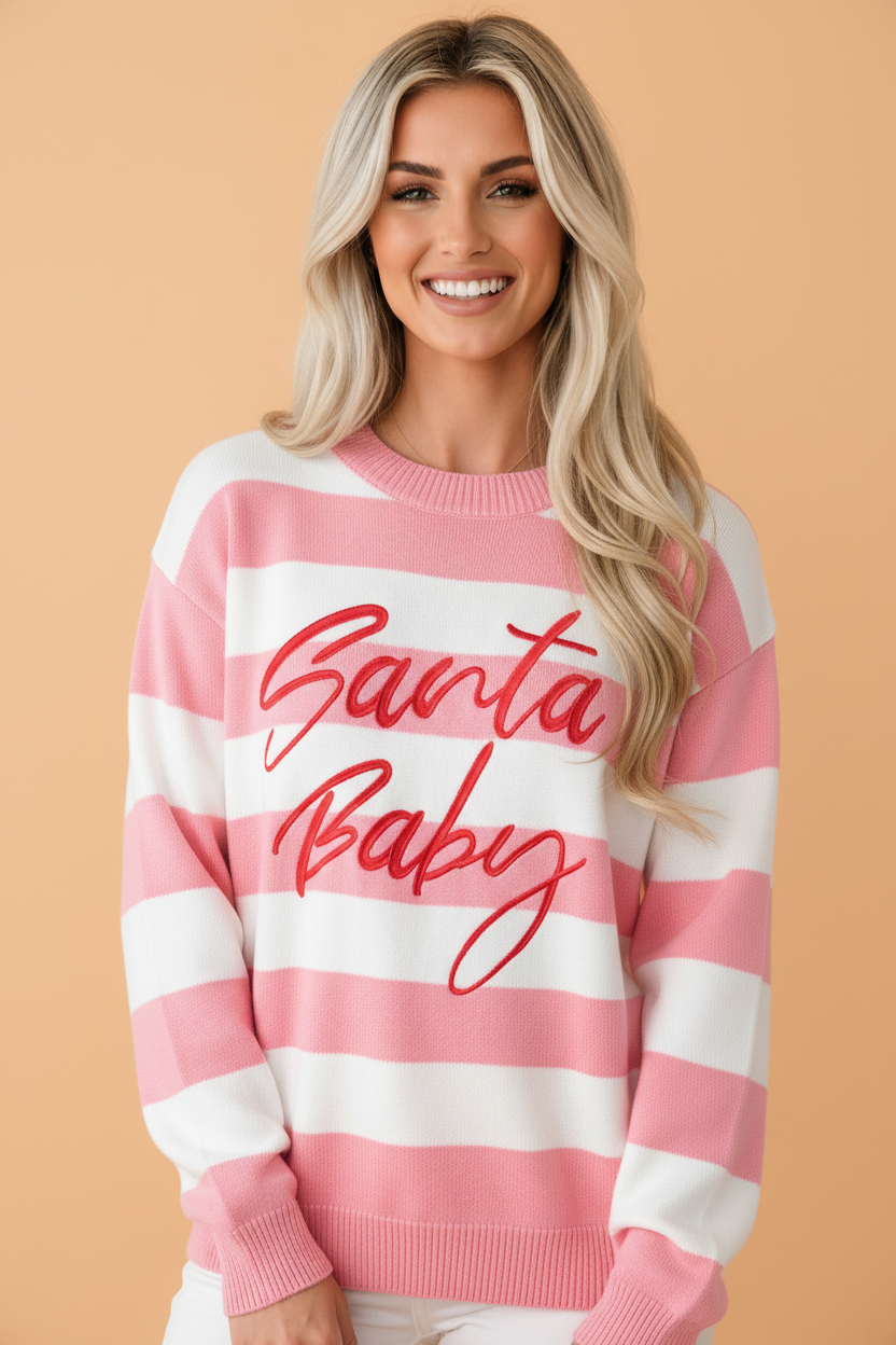 Christmas Santa Baby Embroidered Stripe Sweater
