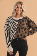 Western Leopard Zebra Patchwork Round Neck Sweater