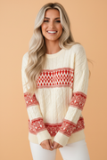 Western Fair Isle Cable Knit Round Neck Sweater