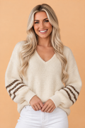 Leopard Stripe Trim V-Neck Long Sleeve Sweater