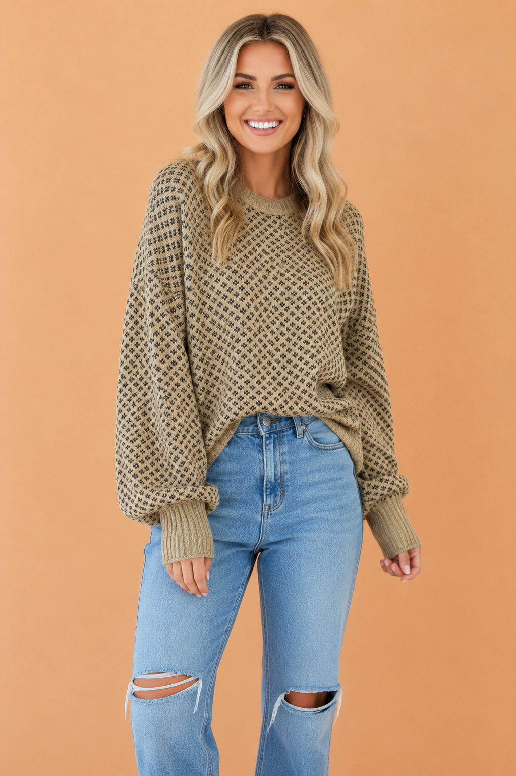 Geometric Reverse Seam Ribbed Trim Drop Shoulder Sweater