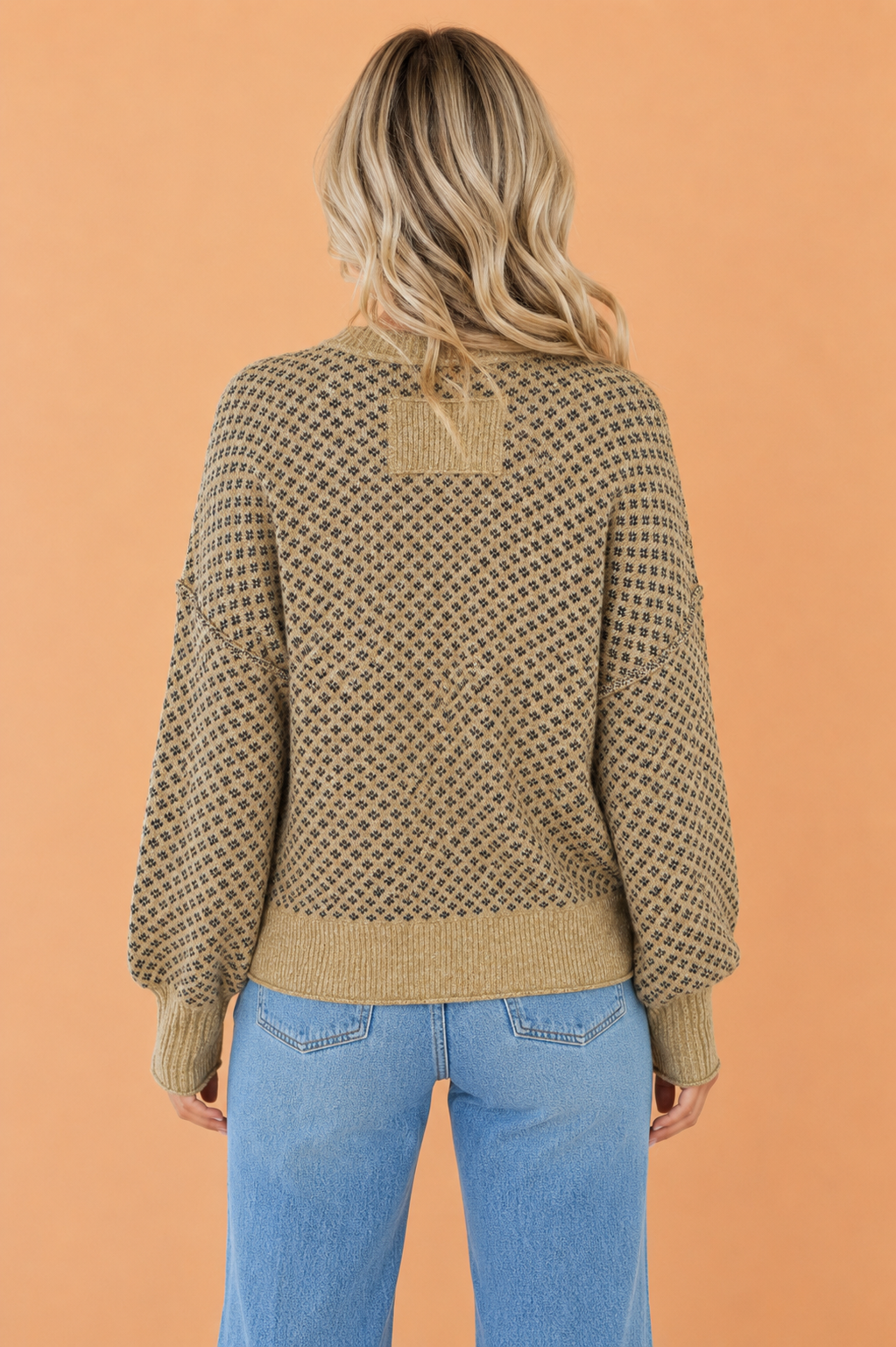 Geometric Reverse Seam Ribbed Trim Drop Shoulder Sweater