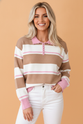 Stripe Colorblock Buttoned Collar Drop Shoulder Sweater