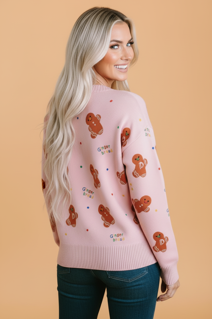 Christmas Gingerbread Ribbed Trim Round Neck Sweater