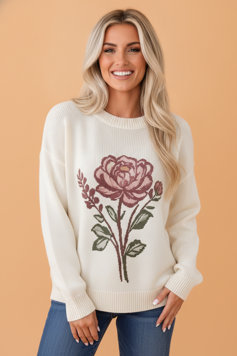 Western Floral Drop Shoulder Long Sleeve Sweater