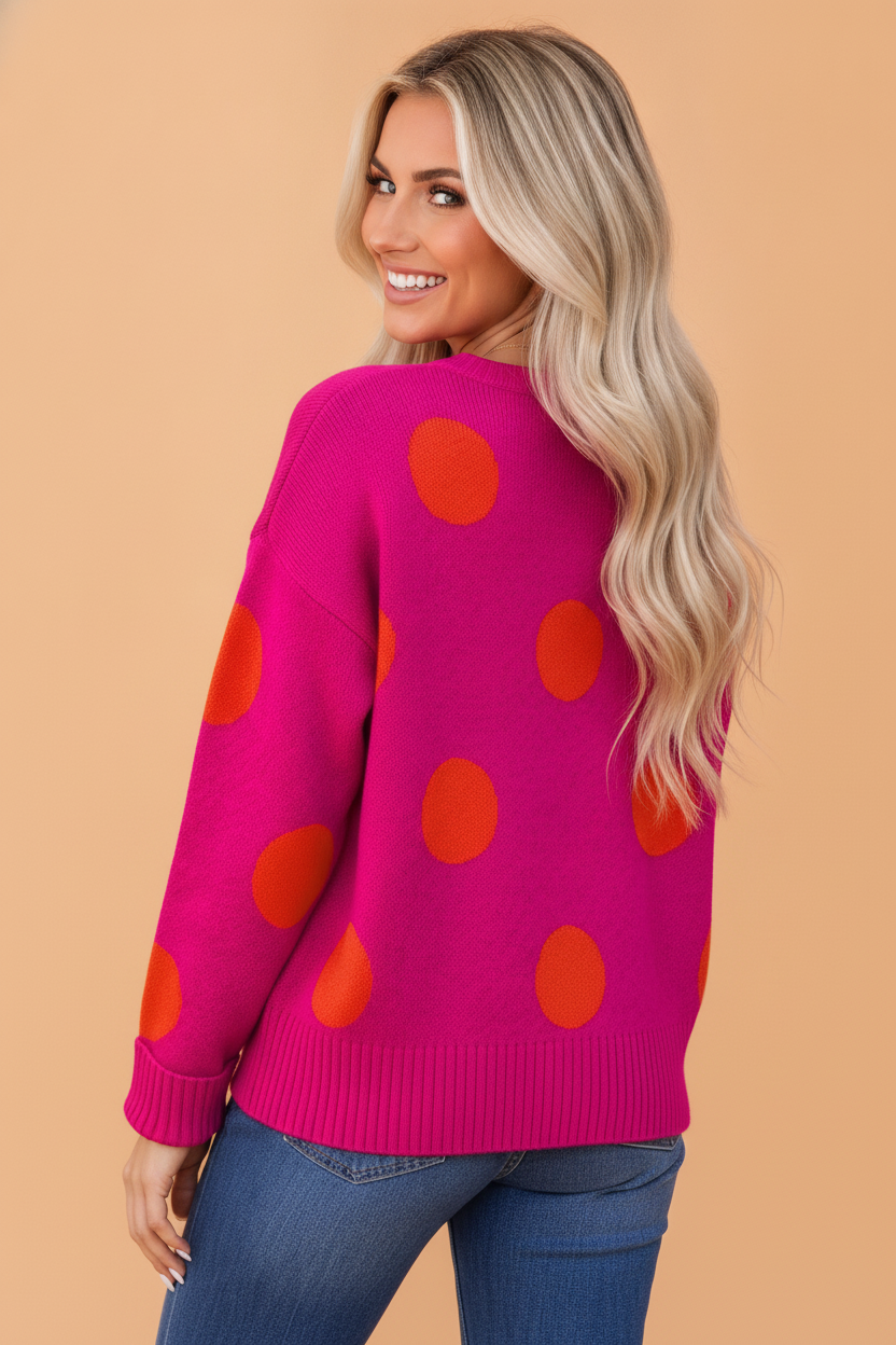 Polka Dot Ribbed Trim Round Neck Sweater