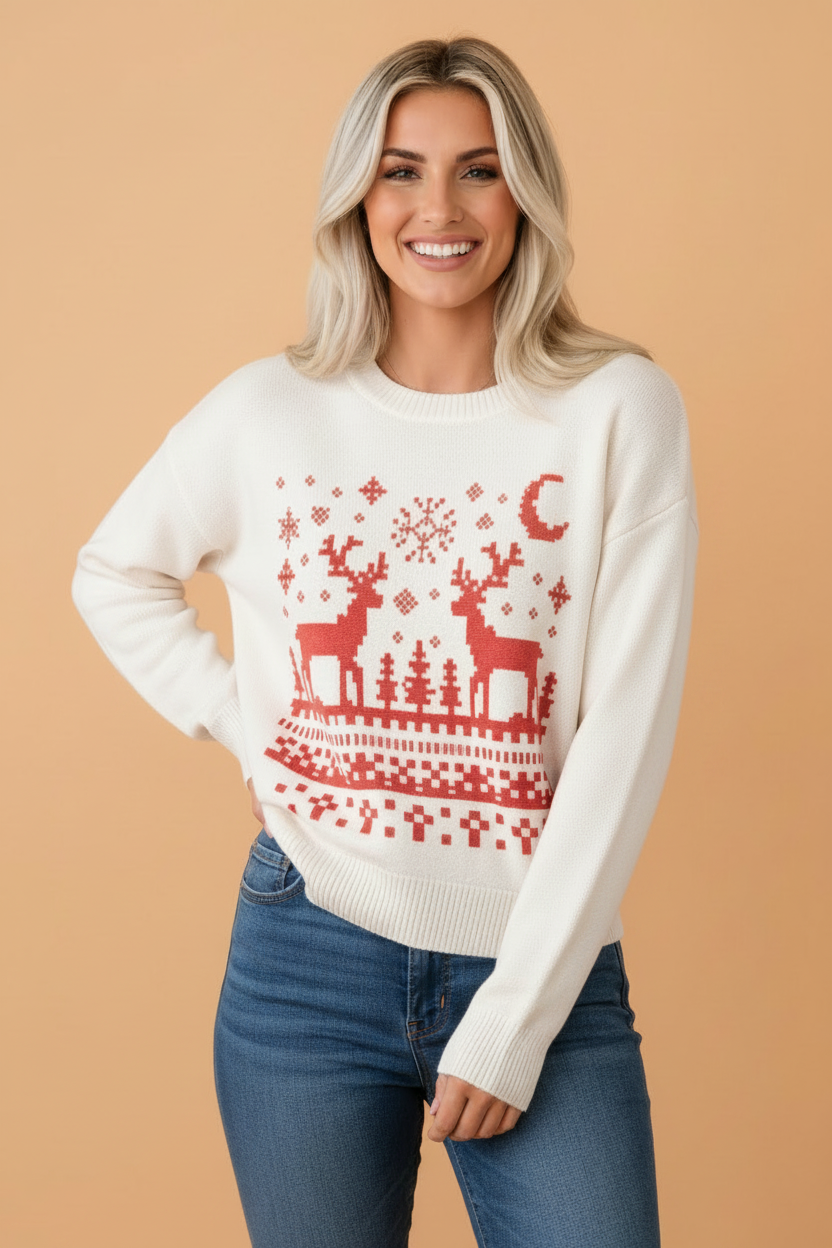 Christmas Snowflake Reindeer Graphic Print Sweater