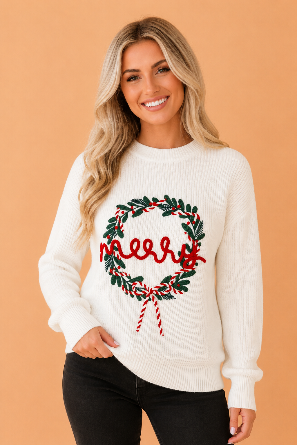 Merry Christmas Wreath Ribbed Round Neck Sweater