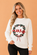 Merry Christmas Wreath Ribbed Round Neck Sweater
