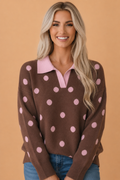 Polka Dot Colorblock Collared V-Neck Sweater