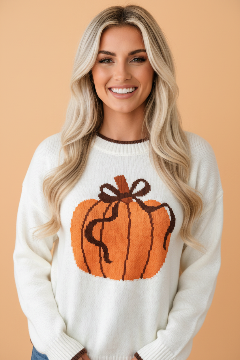 Pumpkin Contrast Trim Graphic Print Sweater