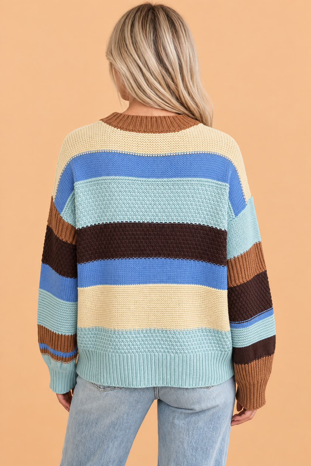 Colorblock Stripe Textured Knit Crewneck Sweater