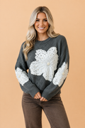 Floral Beaded Ribbed Trim Round Neck Sweater