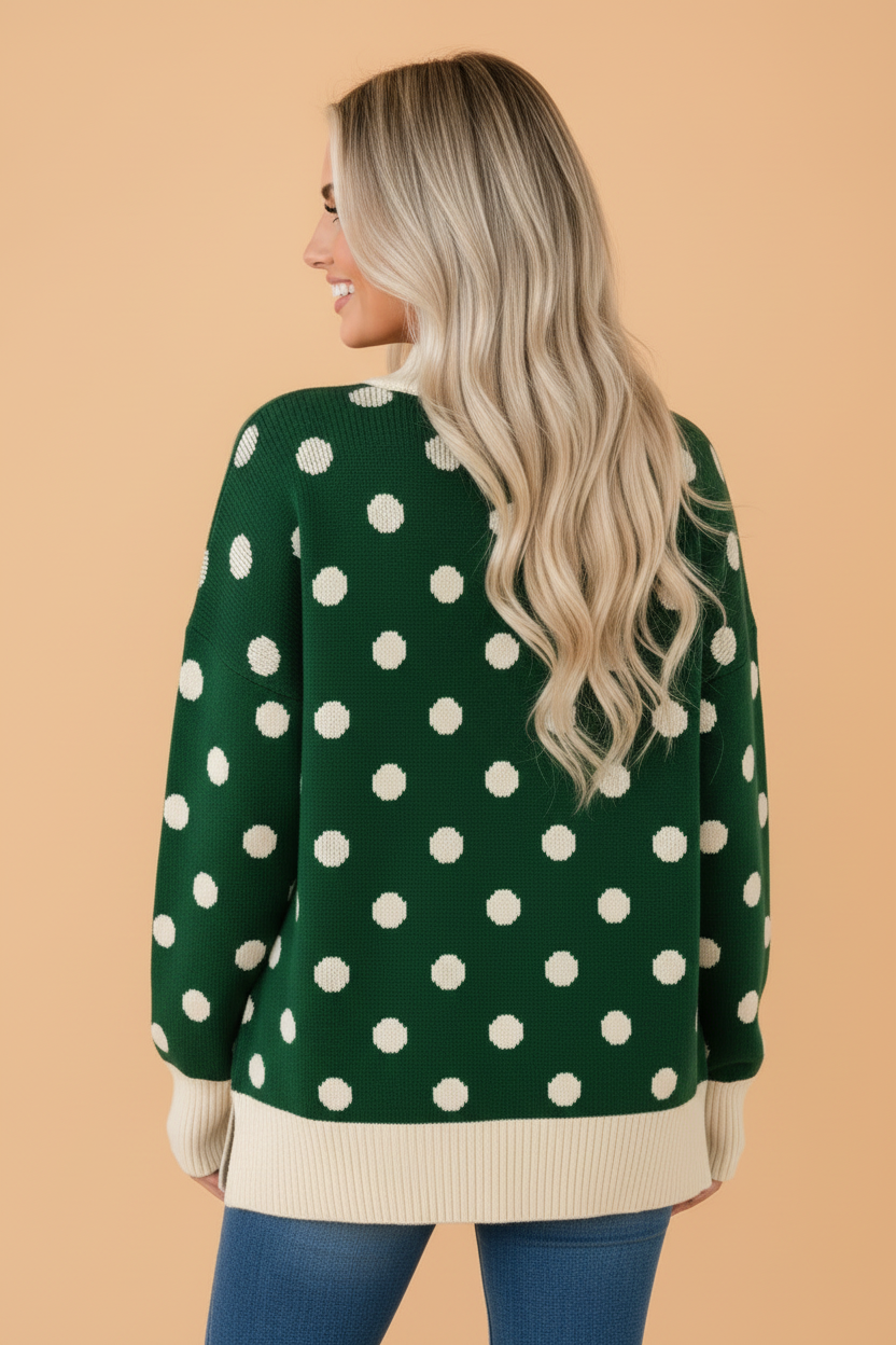 Polka Dot Colorblock Ribbed Trim Tunic Sweater