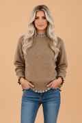 Gingham Ruffle Contrast Trim Pullover Sweater